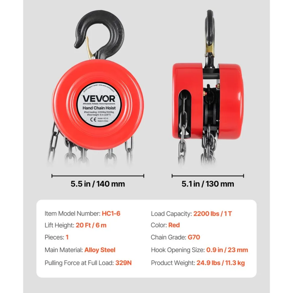 VEVOR Hand Chain Hoist, 1 Ton 2200 lbs Capacity, Manual Chain Block with Upgrade G70 Galvanized Chain, 20 ft Lifting Height, Heavy Duty Pulley Hoist for Garage Warehouse Automotive Machinery, Red