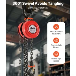 VEVOR Hand Chain Hoist, 1 Ton 2200 lbs Capacity, Manual Chain Block with Upgrade G70 Galvanized Chain, 20 ft Lifting Height, Heavy Duty Pulley Hoist for Garage Warehouse Automotive Machinery, Red