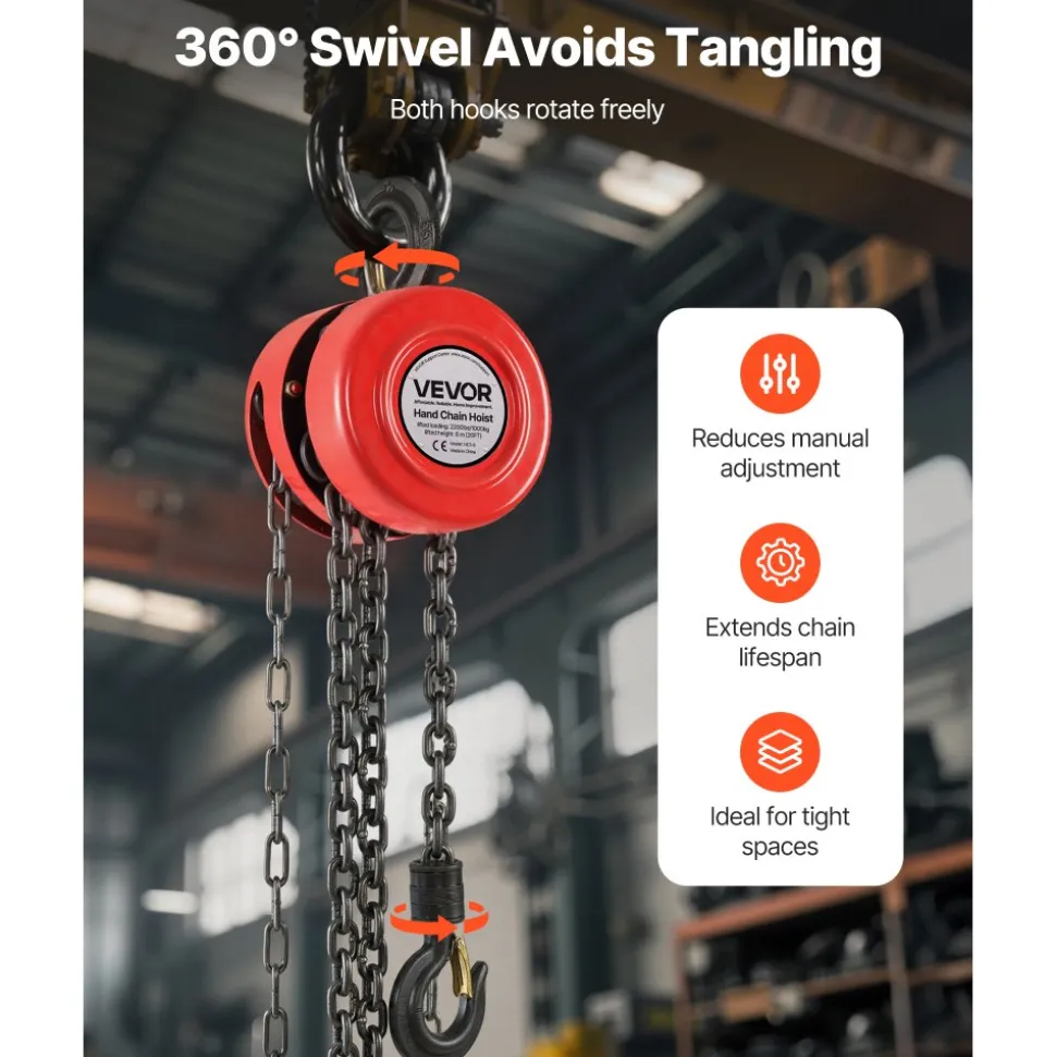 VEVOR Hand Chain Hoist, 1 Ton 2200 lbs Capacity, Manual Chain Block with Upgrade G70 Galvanized Chain, 20 ft Lifting Height, Heavy Duty Pulley Hoist for Garage Warehouse Automotive Machinery, Red