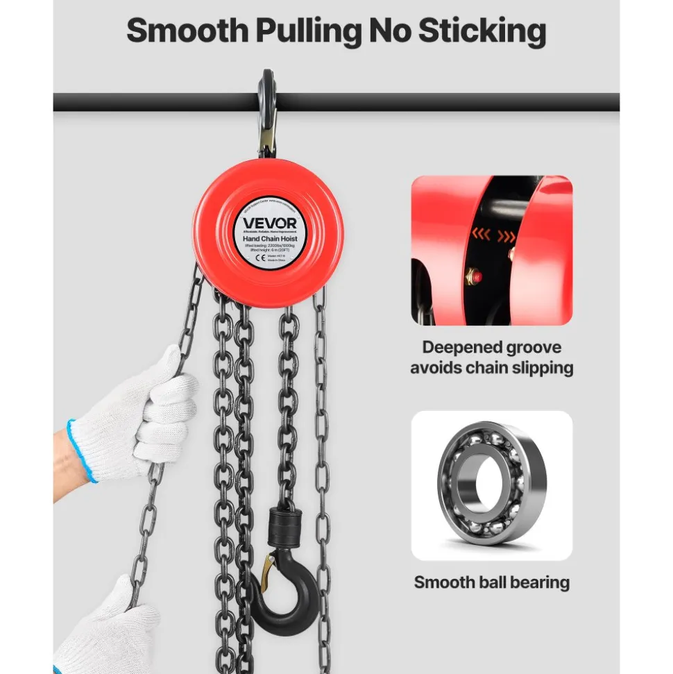 VEVOR Hand Chain Hoist, 1 Ton 2200 lbs Capacity, Manual Chain Block with Upgrade G70 Galvanized Chain, 20 ft Lifting Height, Heavy Duty Pulley Hoist for Garage Warehouse Automotive Machinery, Red