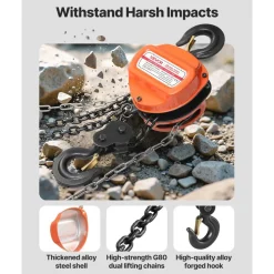 VEVOR Hand Chain Hoist, 2 Ton 4400 lbs Capacity, Manual Chain Block with Upgrade G80 Galvanized Chain, 20 ft Lifting Height, Heavy Duty Pulley Hoist for Garage Warehouse Automotive Machinery, Orange