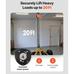 VEVOR Hand Chain Hoist, 1 Ton 2200 lbs Capacity, Manual Chain Block with Upgrade G80 Galvanized Chain, 20 ft Lifting Height, Heavy Duty Pulley Hoist for Garage Warehouse Automotive Machinery, Orange