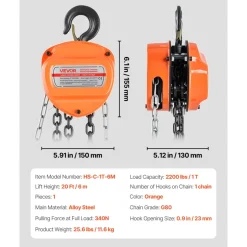 VEVOR Hand Chain Hoist, 1 Ton 2200 lbs Capacity, Manual Chain Block with Upgrade G80 Galvanized Chain, 20 ft Lifting Height, Heavy Duty Pulley Hoist for Garage Warehouse Automotive Machinery, Orange