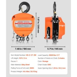 VEVOR Hand Chain Hoist, 3 Ton 6600 lbs Capacity, Manual Chain Block with Upgrade G80 Galvanized Chain, 10 ft Lifting Height, Heavy Duty Pulley Hoist for Garage Warehouse Automotive Machinery, Orange