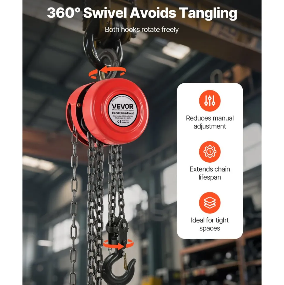 VEVOR Hand Chain Hoist, 2 Ton 4400 lbs Capacity, Manual Chain Block with Upgrade G70 Galvanized Chain, 10 ft Lifting Height, Heavy Duty Pulley Hoist for Garage Warehouse Automotive Machinery, Red
