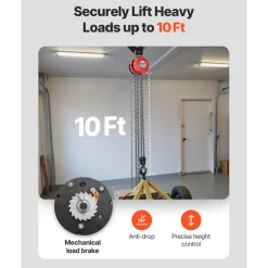VEVOR Hand Chain Hoist, 2 Ton 4400 lbs Capacity, Manual Chain Block with Upgrade G70 Galvanized Chain, 10 ft Lifting Height, Heavy Duty Pulley Hoist for Garage Warehouse Automotive Machinery, Red