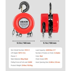 VEVOR Hand Chain Hoist, 2 Ton 4400 lbs Capacity, Manual Chain Block with Upgrade G70 Galvanized Chain, 10 ft Lifting Height, Heavy Duty Pulley Hoist for Garage Warehouse Automotive Machinery, Red