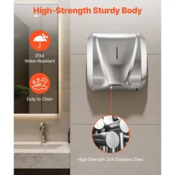 VEVOR Hand Dryer, 2 Pack 1800W Bathroom Air Hand Dryer, Automatic High Speed with HEPA Filter, Fast Drying, Brushed Stainless Steel, AC110-120V Commercial Wall Mounted for Restroom, Hotel, Office,Home