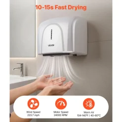 VEVOR Hand Dryer, 1300W Bathroom Air Hand Dryer, Automatic High Speed with HEPA Filter, Fast Drying, Premium ABS Construction, AC110-120V Commercial Wall Mounted for Home Bathroom, Guest Room,Homestay