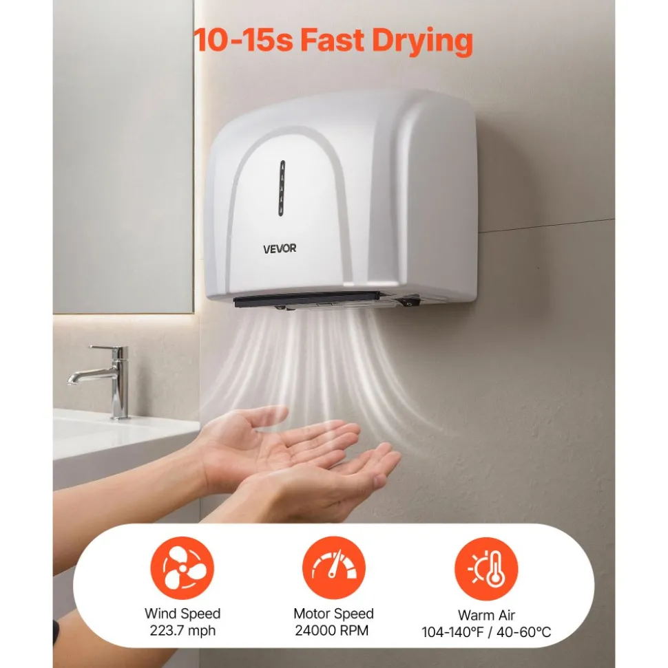 VEVOR Hand Dryer, 1300W Bathroom Air Hand Dryer, Automatic High Speed with HEPA Filter, Fast Drying, Premium ABS Construction, AC110-120V Commercial Wall Mounted for Home Bathroom, Guest Room,Homestay