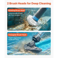 VEVOR Handheld Pool Vacuum, 8.5 GPM Cordless Spa Hot Tub Vacuum with Extension Pole and 2 Brush Heads, 60 Mins Running Time, for Small Debris, Sand, Rechargeable Pool Cleaner for Above Ground Pools