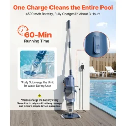 VEVOR Handheld Pool Vacuum, 26 GPM Cordless Spa Hot Tub Vacuum with Extension Pole, 60 Mins Running Time, Powerful Suction for Leaves and Debris, Rechargeable Pool Cleaner for Above Ground Pools