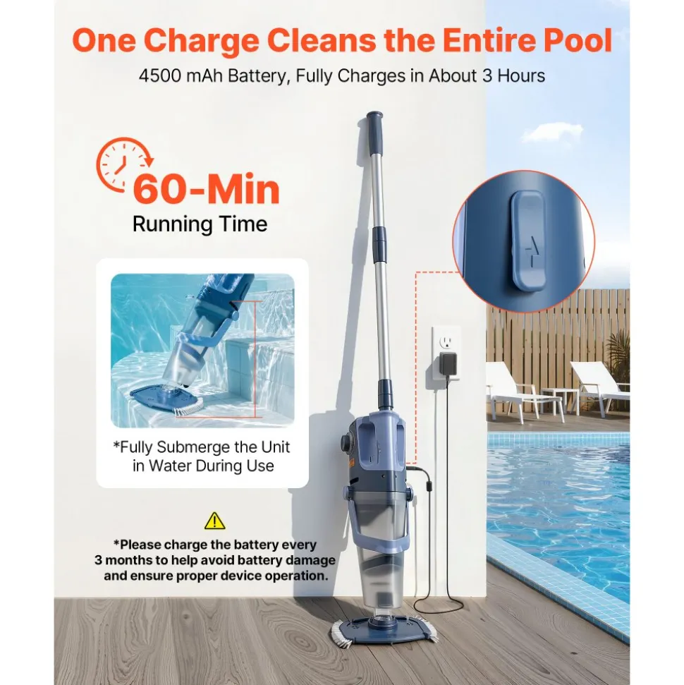 VEVOR Handheld Pool Vacuum, 26 GPM Cordless Spa Hot Tub Vacuum with Extension Pole, 60 Mins Running Time, Powerful Suction for Leaves and Debris, Rechargeable Pool Cleaner for Above Ground Pools
