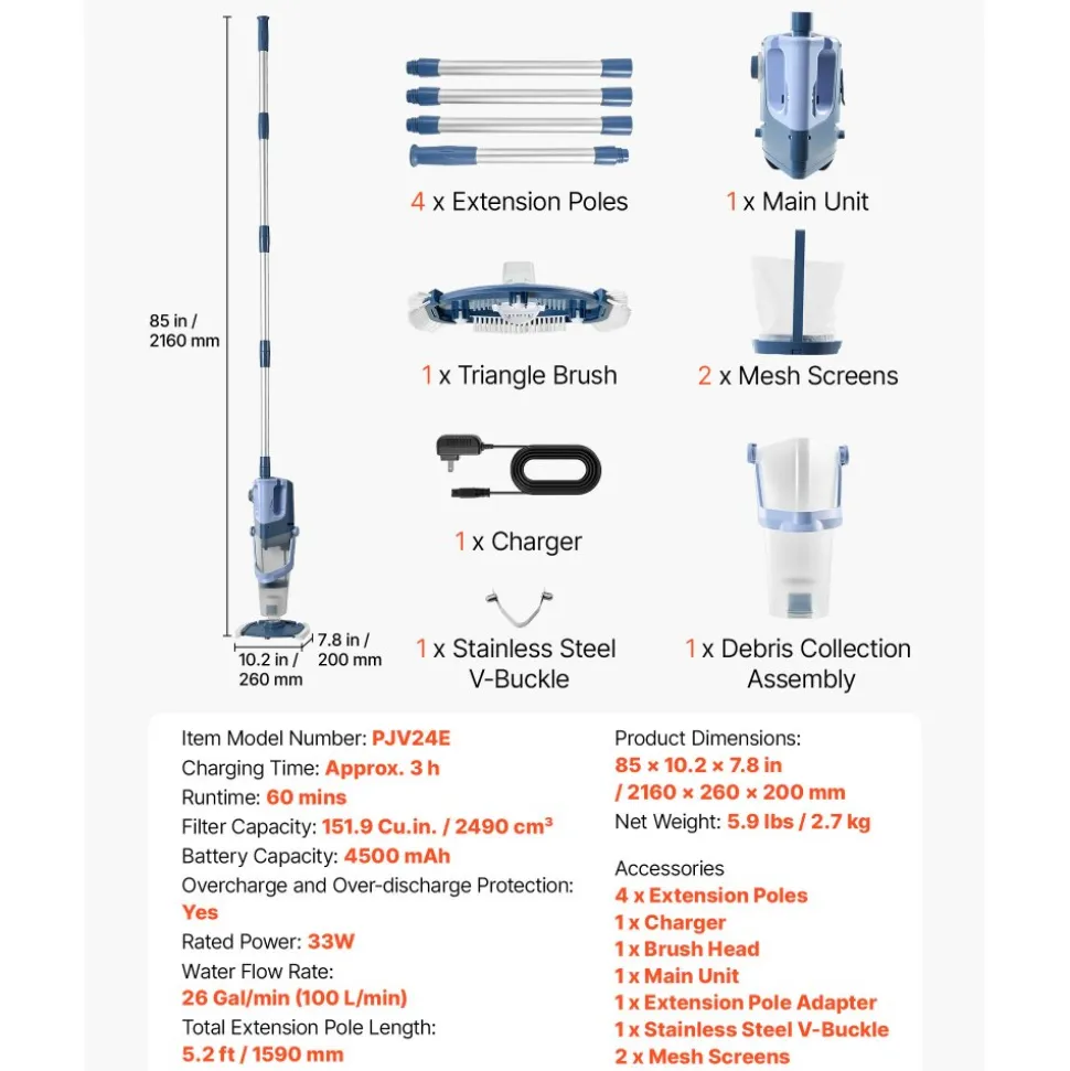 VEVOR Handheld Pool Vacuum, 26 GPM Cordless Spa Hot Tub Vacuum with Extension Pole, 60 Mins Running Time, Powerful Suction for Leaves and Debris, Rechargeable Pool Cleaner for Above Ground Pools