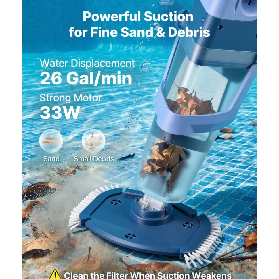 VEVOR Handheld Pool Vacuum, 26 GPM Cordless Spa Hot Tub Vacuum with Extension Pole, 60 Mins Running Time, Powerful Suction for Leaves and Debris, Rechargeable Pool Cleaner for Above Ground Pools