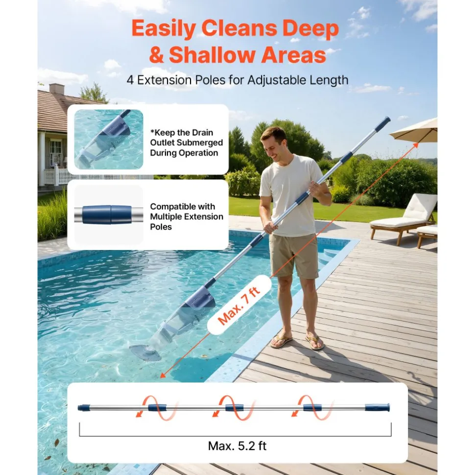 VEVOR Handheld Pool Vacuum, 26 GPM Cordless Spa Hot Tub Vacuum with Extension Pole, 60 Mins Running Time, Powerful Suction for Leaves and Debris, Rechargeable Pool Cleaner for Above Ground Pools