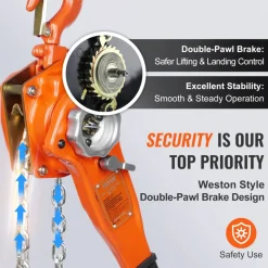VEVOR Hand-Operated Chain Lift, 1650 lbs Load, 5ft Length, G80 Zinc-Coated Steel, Dual-Pawl Brake System, Automatic Chain Guide & Swivel Hook, Ideal for Workshops, Warehouses, and Loading Docks