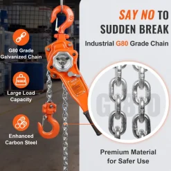 VEVOR Hand-Operated Chain Lift, 1650 lbs Load, 5ft Length, G80 Zinc-Coated Steel, Dual-Pawl Brake System, Automatic Chain Guide & Swivel Hook, Ideal for Workshops, Warehouses, and Loading Docks