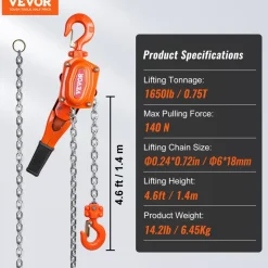 VEVOR Hand-Operated Chain Lift, 1650 lbs Load, 5ft Length, G80 Zinc-Coated Steel, Dual-Pawl Brake System, Automatic Chain Guide & Swivel Hook, Ideal for Workshops, Warehouses, and Loading Docks