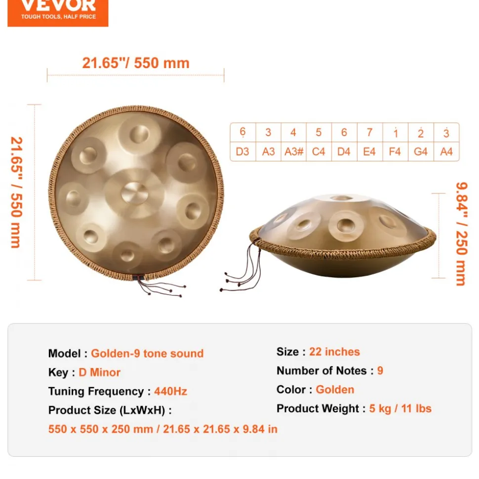 VEVOR Handpan Drum, 22 in & 9 Notes, D Minor Hand Drum, Hand Pan Drum Instrument with Mallets, 440Hz Handpan Stand & Carry Bag, Steel Healing Sound Drum, Percussion Instruments for Adults Beginners