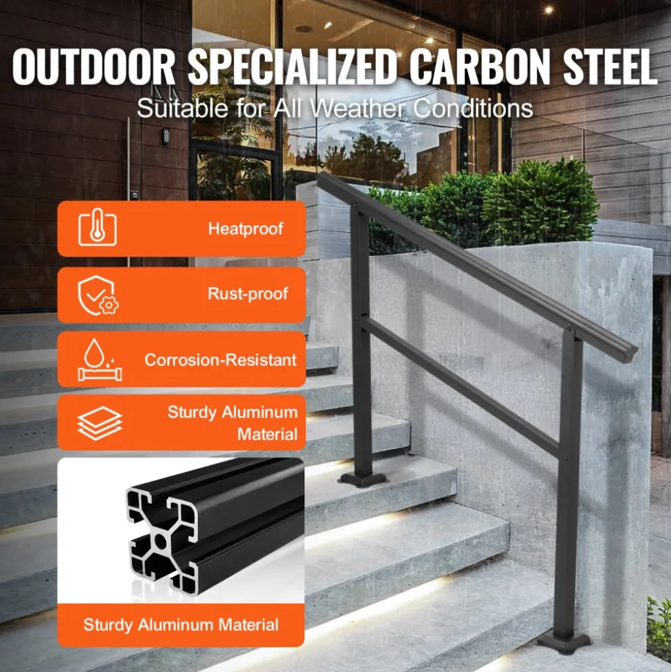 VEVOR Handrail Outdoor Stairs 47.6 X 35.2 Inch Outdoor Handrail Outdoor Stair Railing Adjustable from 0 to 30 Degrees Handrail for Stairs Outdoor Aluminum Black Stair Railing Fit 3-4 Steps