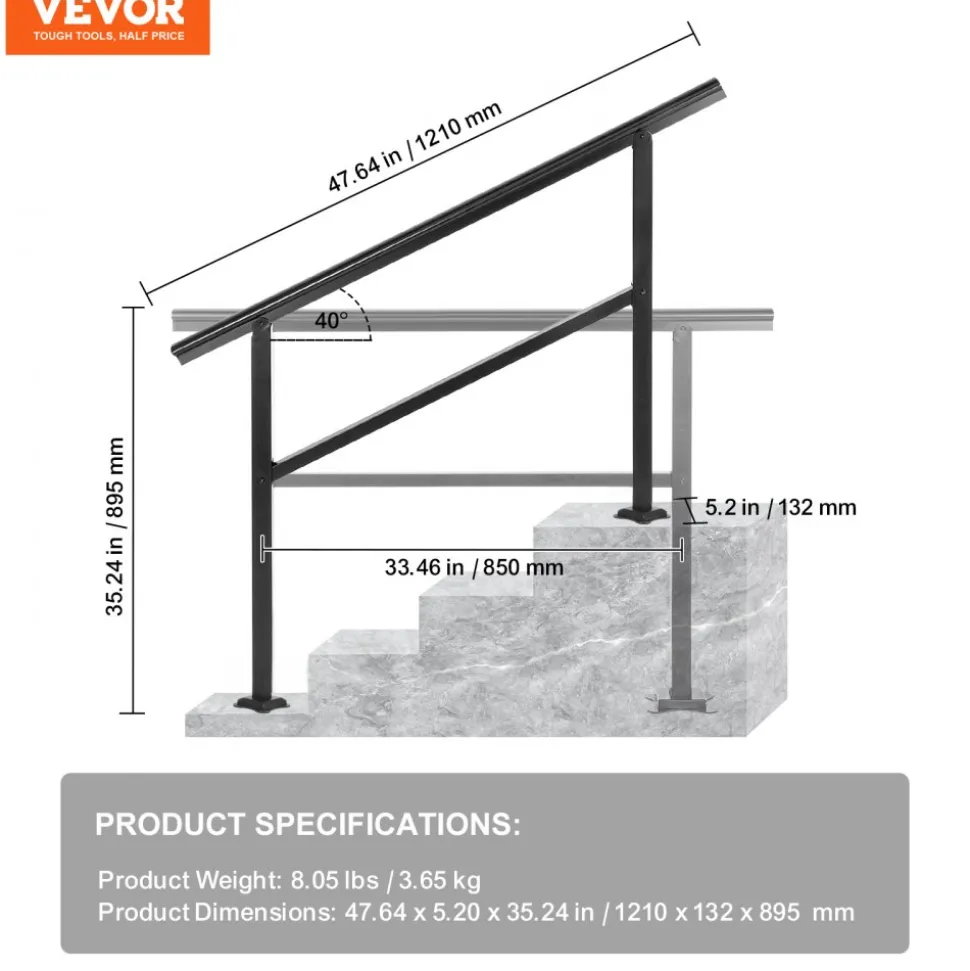 VEVOR Handrail Outdoor Stairs 47.6 X 35.2 Inch Outdoor Handrail Outdoor Stair Railing Adjustable from 0 to 30 Degrees Handrail for Stairs Outdoor Aluminum Black Stair Railing Fit 3-4 Steps