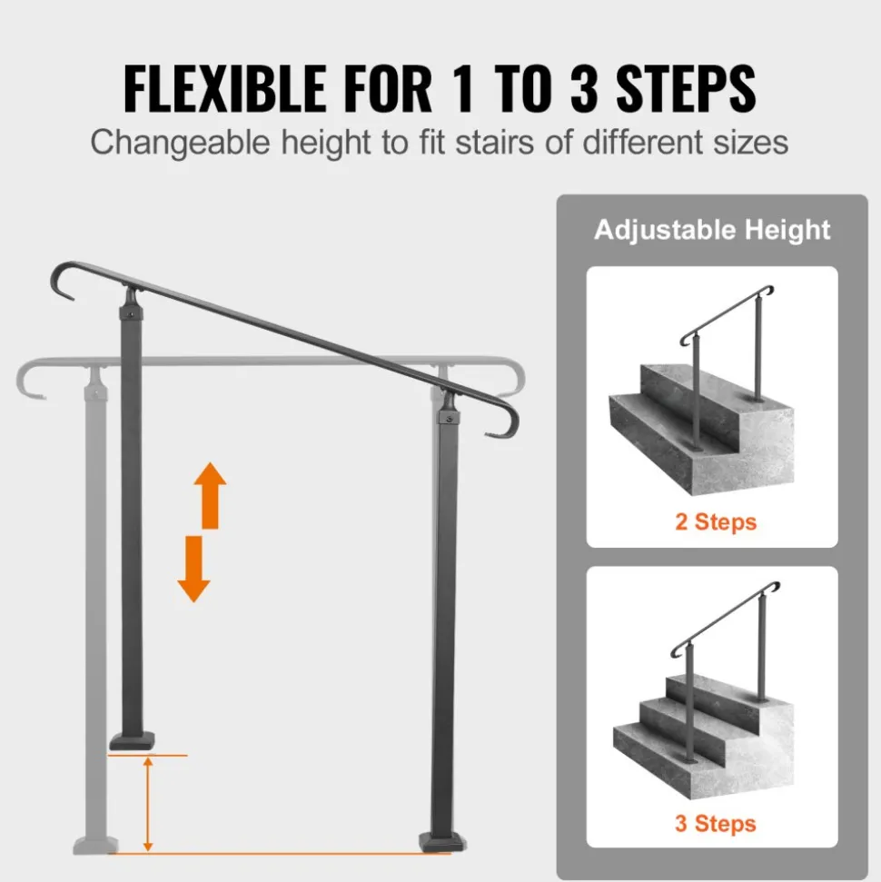 VEVOR Handrail Outdoor Stairs 47.6 X 35.2 Inch Outdoor Handrail Outdoor Stair Railing Adjustable from 0 to 30 Degrees Handrail for Stairs Outdoor Aluminum Black Stair Railing Fit 3-4 Steps