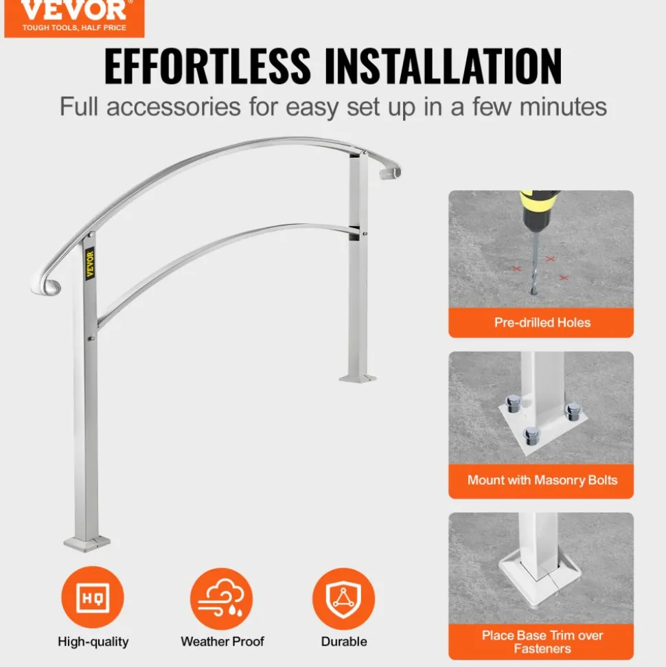 VEVOR Handrails for Outdoor Steps, Fit 1 or 3 Steps Outdoor Stair Railing, White Wrought Iron Handrail, Flexible Front Porch Hand Rail, Transitional Handrails for Concrete Steps or Wooden Stairs