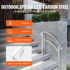 VEVOR Handrails for Outdoor Steps, Fit 1 or 3 Steps Outdoor Stair Railing, White Wrought Iron Handrail, Flexible Front Porch Hand Rail, Transitional Handrails for Concrete Steps or Wooden Stairs