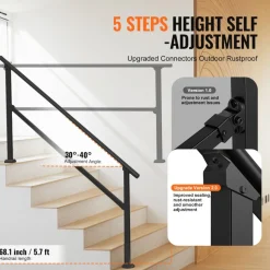 VEVOR Handrails for Outdoor Steps, 5 Step Stair Hand Rail Kit, Transitional Carbon Steel Railings with Installation Kit, Stair Rails for Seniors, Concrete Steps & Porch & Deck, Black Retro Arch