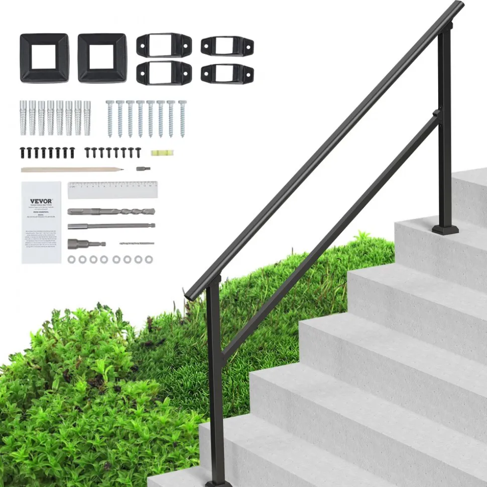 VEVOR Handrails for Outdoor Steps, 5 Step Stair Hand Rail Kit, Transitional Carbon Steel Railings with Installation Kit, Stair Rails for Seniors, Concrete Steps & Porch & Deck, Black Retro Arch