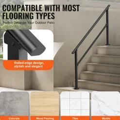 VEVOR Handrails for Outdoor Steps, 5 Step Stair Hand Rail Kit, Transitional Carbon Steel Railings with Installation Kit, Stair Rails for Seniors, Concrete Steps & Porch & Deck, Black Retro Arch