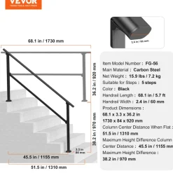 VEVOR Handrails for Outdoor Steps, 5 Step Stair Hand Rail Kit, Transitional Carbon Steel Railings with Installation Kit, Stair Rails for Seniors, Concrete Steps & Porch & Deck, Black Retro Arch