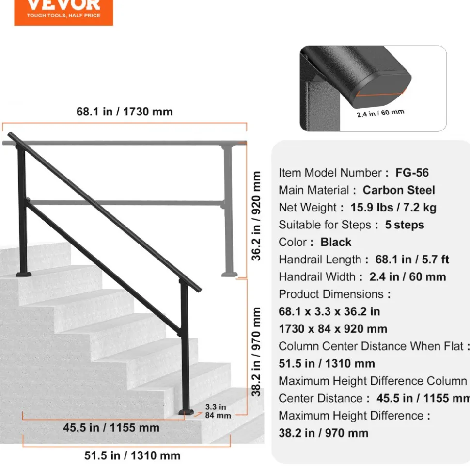 VEVOR Handrails for Outdoor Steps, 5 Step Stair Hand Rail Kit, Transitional Carbon Steel Railings with Installation Kit, Stair Rails for Seniors, Concrete Steps & Porch & Deck, Black Retro Arch
