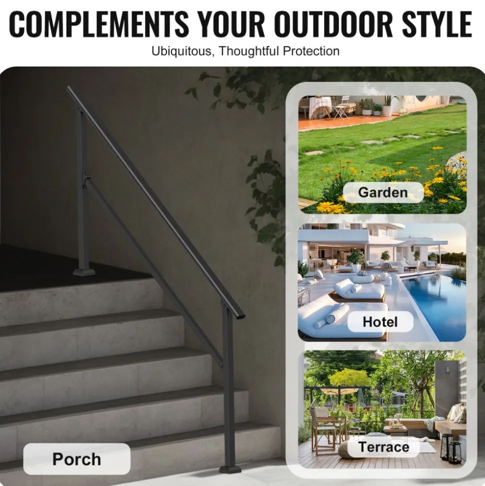 VEVOR Handrails for Outdoor Steps, 5 Step Stair Hand Rail Kit, Transitional Carbon Steel Railings with Installation Kit, Stair Rails for Seniors, Concrete Steps & Porch & Deck, Black Retro Arch