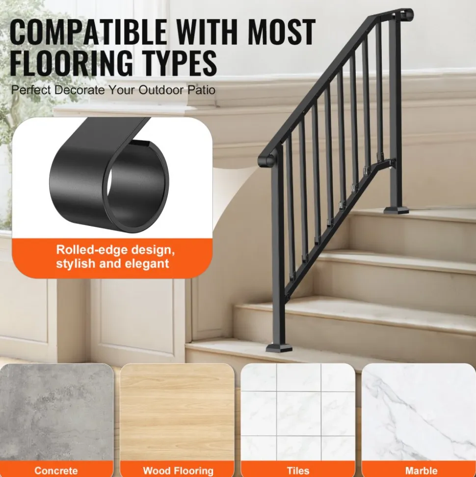 VEVOR Handrails for Outdoor Steps, 3-4 Step Stair Hand Rail Kit, Transitional Iron Railings with Installation Kit, Stair Rails for Seniors, Concrete Steps & Porch & Deck, Black Retro Arch