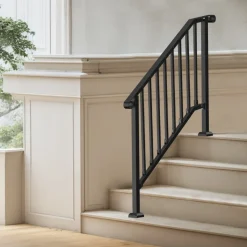 VEVOR Handrails for Outdoor Steps, 3-4 Step Stair Hand Rail Kit, Transitional Iron Railings with Installation Kit, Stair Rails for Seniors, Concrete Steps & Porch & Deck, Black Retro Arch