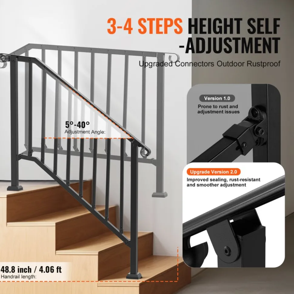 VEVOR Handrails for Outdoor Steps, 3-4 Step Stair Hand Rail Kit, Transitional Iron Railings with Installation Kit, Stair Rails for Seniors, Concrete Steps & Porch & Deck, Black Retro Arch