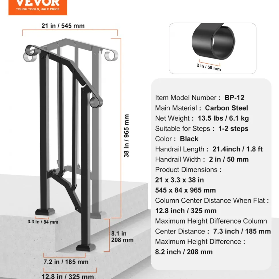 VEVOR Handrails for Outdoor Steps, 1-2 Step Stair Hand Rail Kit, Transitional Carbon Steel Railings with Installation Kit, Stair Rails for Seniors, Concrete Steps & Porch & Deck, Black Retro Arch