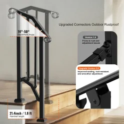 VEVOR Handrails for Outdoor Steps, 1-2 Step Stair Hand Rail Kit, Transitional Carbon Steel Railings with Installation Kit, Stair Rails for Seniors, Concrete Steps & Porch & Deck, Black Retro Arch