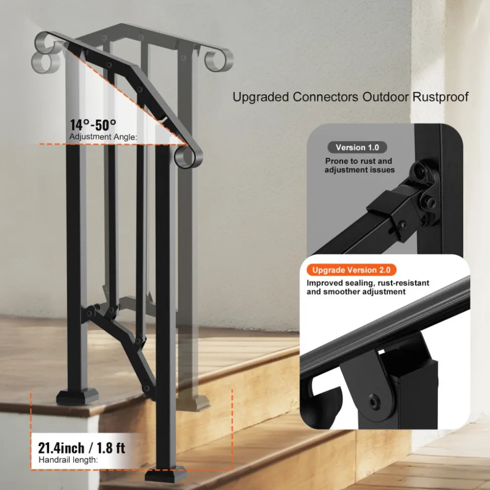 VEVOR Handrails for Outdoor Steps, 1-2 Step Stair Hand Rail Kit, Transitional Carbon Steel Railings with Installation Kit, Stair Rails for Seniors, Concrete Steps & Porch & Deck, Black Retro Arch
