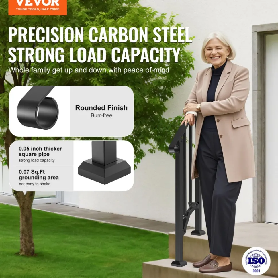 VEVOR Handrails for Outdoor Steps, 1-2 Step Stair Hand Rail Kit, Transitional Carbon Steel Railings with Installation Kit, Stair Rails for Seniors, Concrete Steps & Porch & Deck, Black Retro Arch