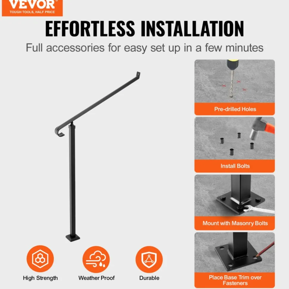 VEVOR Handrails for Outdoor Steps 1-2 Step Railings Wrought Iron Handrail Stair Railings for Steps Black Iron Railings for Steps Wall and Floor Mounted with Installation Kit
