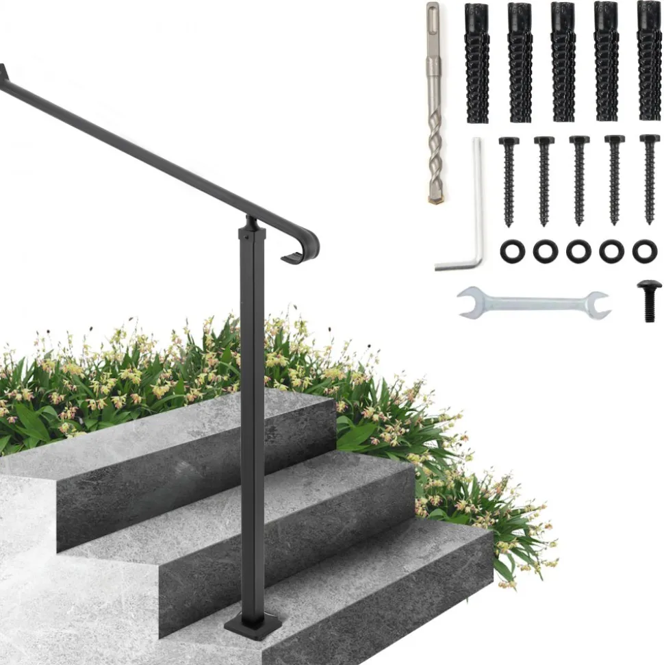 VEVOR Handrails for Outdoor Steps 1-2 Step Railings Wrought Iron Handrail Stair Railings for Steps Black Iron Railings for Steps Wall and Floor Mounted with Installation Kit