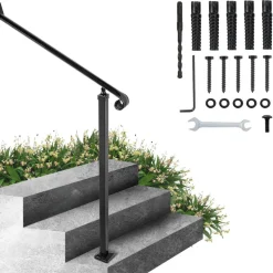 VEVOR Handrails for Outdoor Steps 1-2 Step Railings Wrought Iron Handrail Stair Railings for Steps Black Iron Railings for Steps Wall and Floor Mounted with Installation Kit