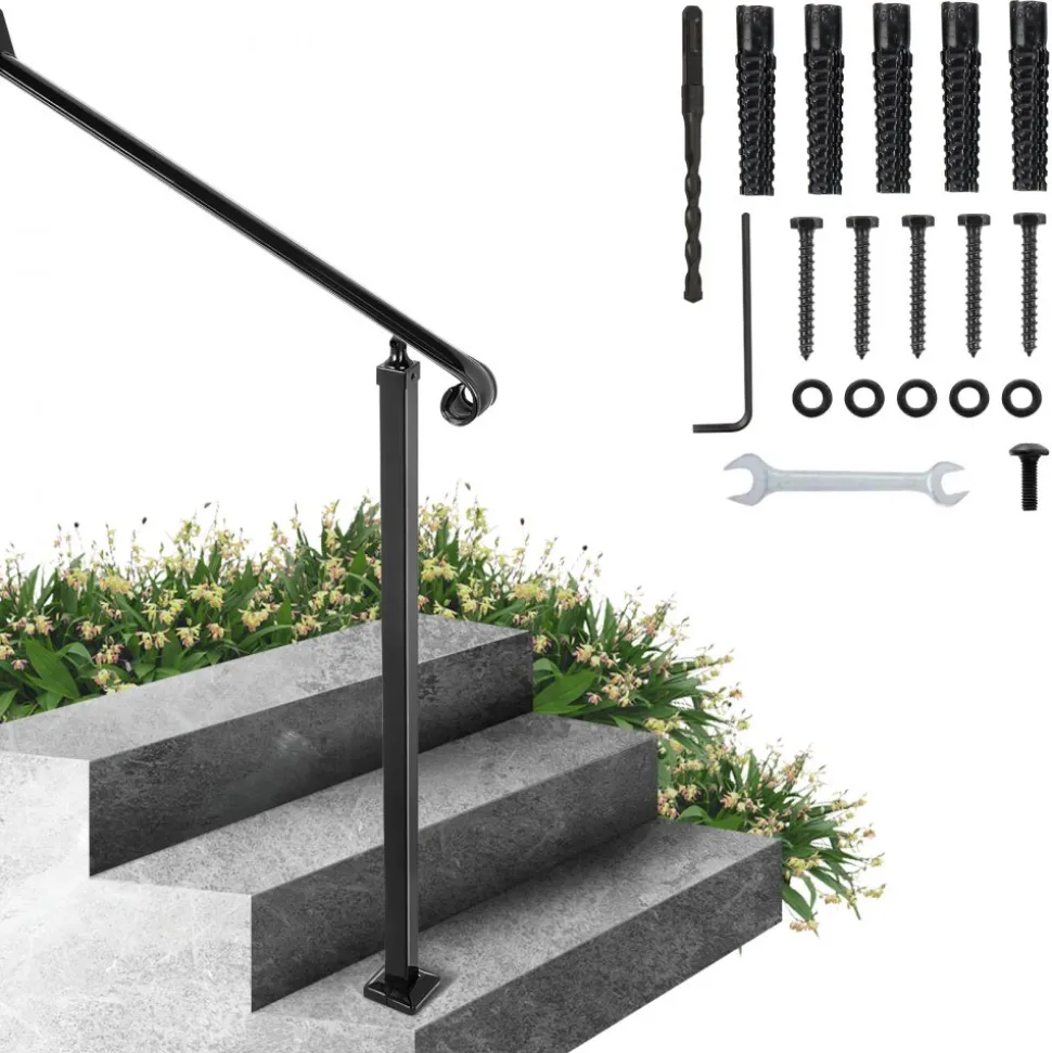 VEVOR Handrails for Outdoor Steps 1-2 Step Railings Wrought Iron Handrail Stair Railings for Steps Black Iron Railings for Steps Wall and Floor Mounted with Installation Kit