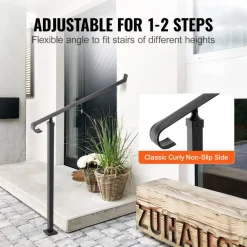 VEVOR Handrails for Outdoor Steps 1-2 Step Railings Wrought Iron Handrail Stair Railings for Steps Black Iron Railings for Steps Wall and Floor Mounted with Installation Kit
