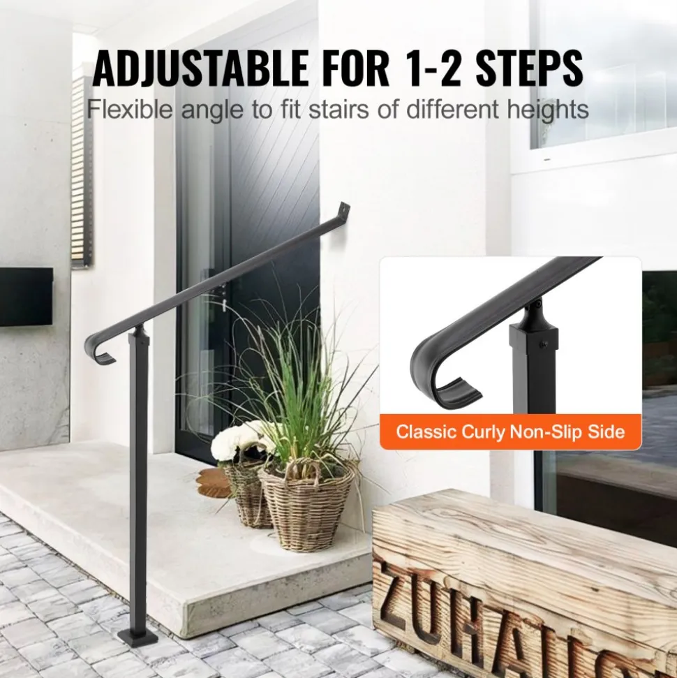 VEVOR Handrails for Outdoor Steps 1-2 Step Railings Wrought Iron Handrail Stair Railings for Steps Black Iron Railings for Steps Wall and Floor Mounted with Installation Kit