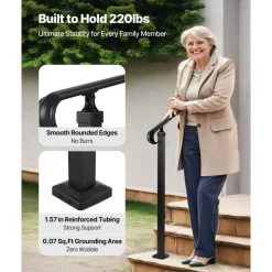 VEVOR Handrails for Outdoor Steps, 2-3 Step Adjustable Height, Carbon Steel Transitional Handrail with Installation Kit, Exterior Hand Railing for Steps, Concrete or Wooden Stairs, Porch, Matte Black