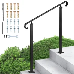 VEVOR Handrails for Outdoor Steps, 2-3 Step Adjustable Height, Carbon Steel Transitional Handrail with Installation Kit, Exterior Hand Railing for Steps, Concrete or Wooden Stairs, Porch, Matte Black